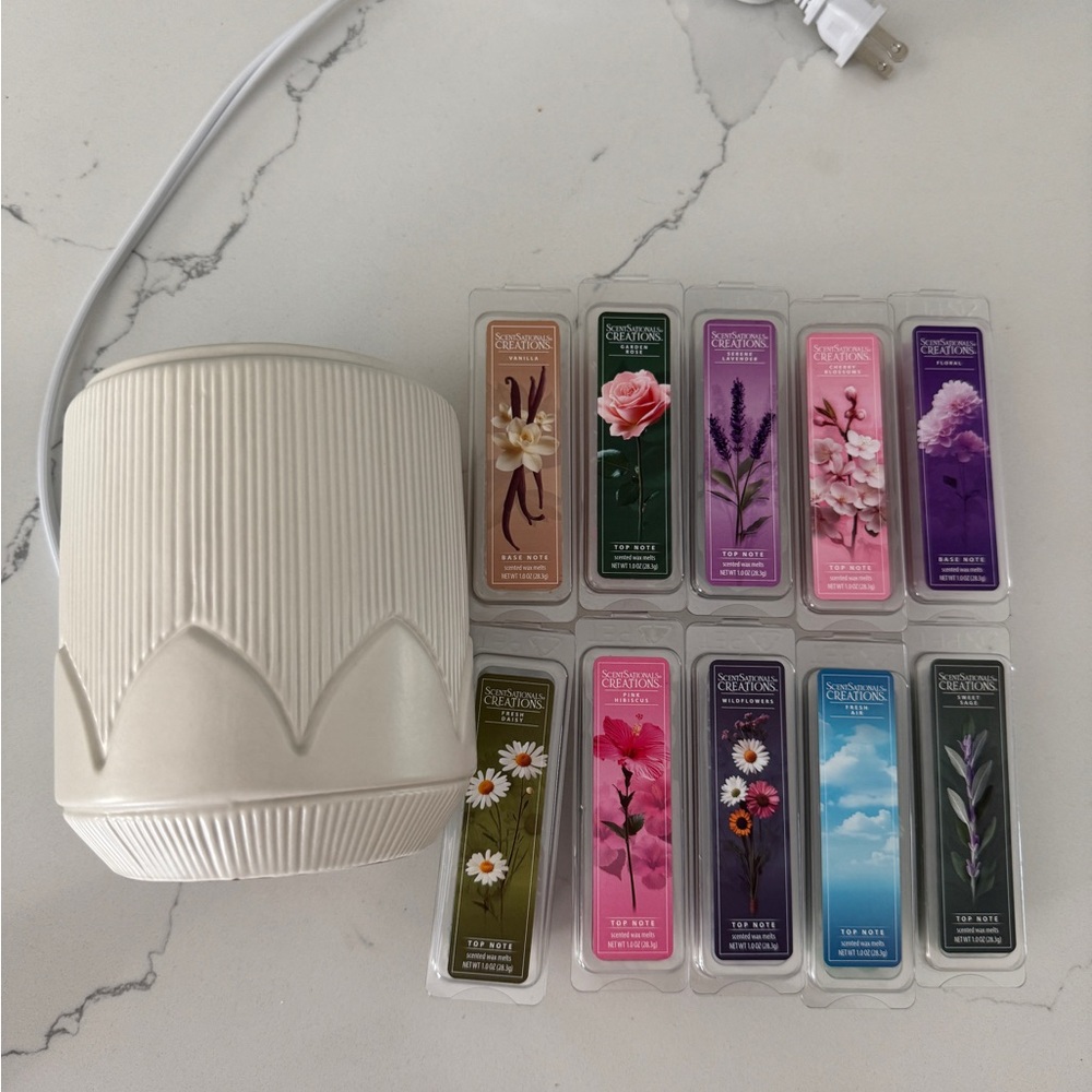 White Ceramic Wax Warmer with Scented Wax Melts flower shop scents gifting set